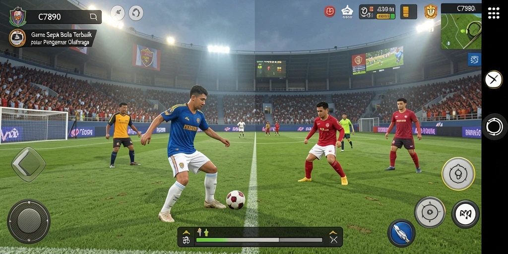 Tangkapan layar utama menunjukkan aksi seru dalam pertandingan sepak bola.