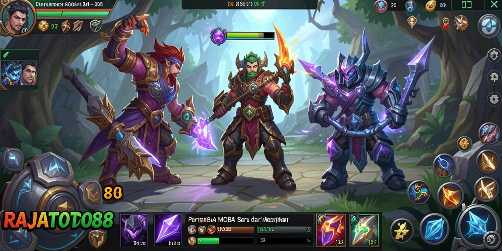 Tangkapan layar utama RAJATOTO88 menampilkan aksi seru di arena MOBA.